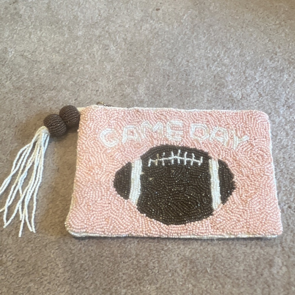 Game Day Beaded Football Clutch Pink Brown Tassel Zipper Pouch Tailgate